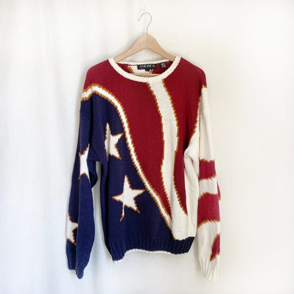 Vintage 1990's American Flag Patriotic Sweater L - Picture 1 of 4
